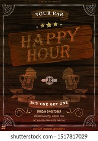 Beer Promotion Happy Hour Flyer Template on wooden background.   Flyer that will give the perfect promotion for your upcoming promotion. Vintage concept, art template, labels, layout, card. EPS 10