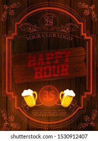 Beer Promotion Happy Hour Flyer Template with beer, frame, ornament elements on wooden background. Vintage, art template, labels, layout, card. EPS 10