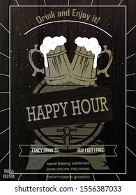 Beer Promotion Happy Hour Flyer Template on black and white wooden background.   Flyer that will give the perfect promotion for your promotion. Vintage concept, art template, labels, layout, card. 