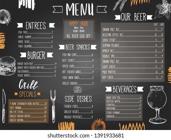 Beer pub or bar menu template with hand drawn food and beer and text, stylized as a blackboard