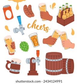 Beer pub. Barrels, cans, mugs, metal keg, sausages, tap, hop cone. Brewing process, brewery factory production. Vector illustration.