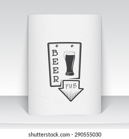 Beer pub. Brewing old school of vintage label. Sheet of white paper. Monochrome typographic labels, stickers, logos and badges. Flat vector illustration