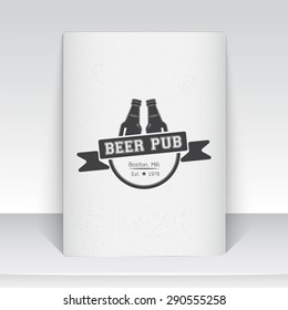 Beer pub. Brewing old school of vintage label. Sheet of white paper. Monochrome typographic labels, stickers, logos and badges. Flat vector illustration