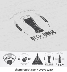 Beer pub. Brewing old school of vintage label. Old retro vintage grunge. Scratched, damaged, dirty effect. Monochrome typographic labels, stickers, logos and badges. Flat vector illustration