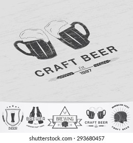 Beer pub. Brewing old school of vintage label. Old retro vintage grunge. Scratched, damaged, dirty effect. Monochrome typographic labels, stickers, logos and badges. Flat vector illustration