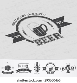 Beer pub. Brewing old school of vintage label. Old retro vintage grunge. Scratched, damaged, dirty effect. Monochrome typographic labels, stickers, logos and badges. Flat vector illustration