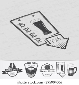 Beer pub. Brewing old school of vintage label. Old retro vintage grunge. Scratched, damaged, dirty effect. Monochrome typographic labels, stickers, logos and badges. Flat vector illustration