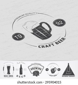 Beer pub. Brewing old school of vintage label. Old retro vintage grunge. Scratched, damaged, dirty effect. Monochrome typographic labels, stickers, logos and badges. Flat vector illustration