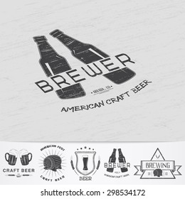 Beer pub. Brewing old school of vintage label. Old retro vintage grunge. Scratched, damaged, dirty effect. Monochrome typographic labels, stickers, logos and badges. Flat vector illustration