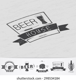 Beer pub. Brewing old school of vintage label. Old retro vintage grunge. Scratched, damaged, dirty effect. Monochrome typographic labels, stickers, logos and badges. Flat vector illustration