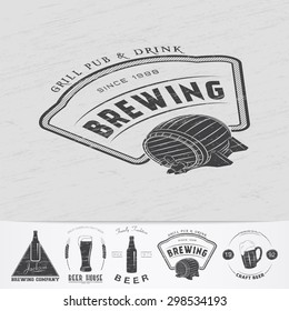 Beer pub. Brewing old school of vintage label. Old retro vintage grunge. Scratched, damaged, dirty effect. Monochrome typographic labels, stickers, logos and badges. Flat vector illustration