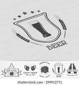 Beer pub. Brewing old school of vintage label. Old retro vintage grunge. Scratched, damaged, dirty effect. Monochrome typographic labels, stickers, logos and badges. Flat vector illustration