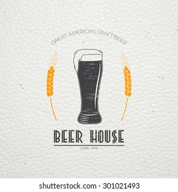 Beer pub. Brewing old school of vintage label. Old retro vintage grunge. Scratched, damaged, dirty effect. Typographic labels, stickers, logos and badges. Flat vector illustration