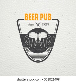 Beer pub. Brewing old school of vintage label. Old retro vintage grunge. Scratched, damaged, dirty effect. Typographic labels, stickers, logos and badges. Flat vector illustration