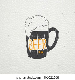 Beer pub. Brewing old school of vintage label. Old retro vintage grunge. Scratched, damaged, dirty effect. Typographic labels, stickers, logos and badges. Flat vector illustration