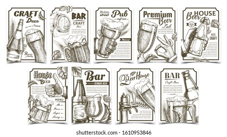 Beer Pub Collection Advertising Posters Set Vector. Wooden Barrel And Glass Cups, Bottles And Bar Faucet, Hops And Wheat On Different Commercial Promotional Banners Tavern. Advertisement Illustrations