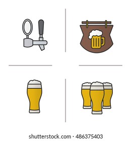 Beer pub color icons set. Wooden bar signboard, foamy beer glasses and tap. Isolated vector illustrations