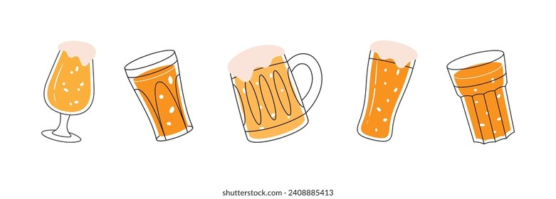Beer pub elements. Beer bottles, can, glass, mug. Brewing process, brewery factory production. Vector illustration