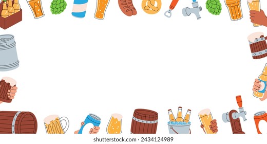 Beer pub elements in horizontal banner. Barrels, cans, mugs, keg, bottle opener, sausages, tap, hop cone. Brewing process, brewery factory production.