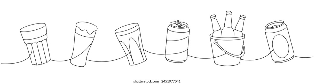 Beer pub elements one line continuous drawing. Beer bottles, can, glass, mug continuous one line illustration. Vector linear illustration.