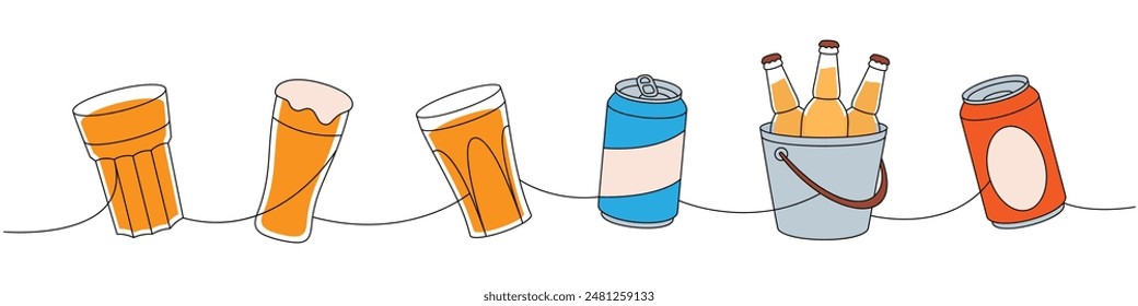 Beer pub elements one line colored continuous drawing. Beer bottles, can, glass, mug continuous one line illustration. Vector linear illustration.