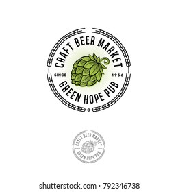 Beer Pub emblem. Hop cone logo. Craft Beer logotype. Engraving hop cones.