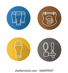 Beer pub flat linear long shadow icons set. Wooden bar signboard, foamy beer glasses and tap. Vector line symbols