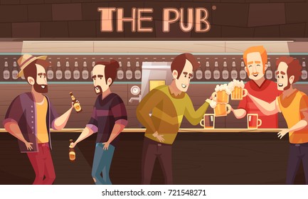 Beer pub flat vector illustration with male friends company drinking beer at bar counter background