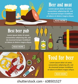 Beer pub food banner horizontal concept set. Flat illustration of 3 beer pub food vector banner horizontal concepts for web