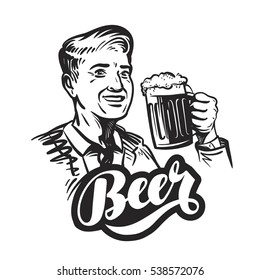 Beer or pub. Happy smiling man with mug of fresh ale. Vector illustration