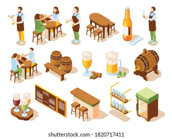 Beer pub isometric icons bar counter kegs menu board bartender and visitor characters isolated vector illustration 