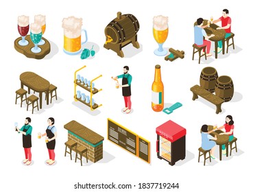 Beer pub isometric set with bartender waiter bottle opener glass mug cooler oak barrel customers vector illustration 