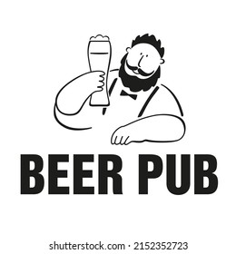 Beer pub logo. Cute bearded man with a glass of beer in his hand