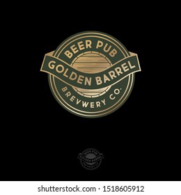 Beer Pub logo. Gold beer emblem. Beer barrel symbol and ribbon emblem. Vintage engraving style.