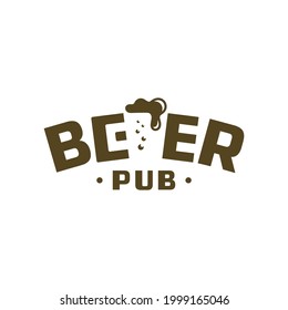 Beer pub logo. Logotype with negative space in the form of a mug with foam and bubbles. Sign for signboard, label, club. Simple minimalism style. Brown badge on white background. Vector illustration.