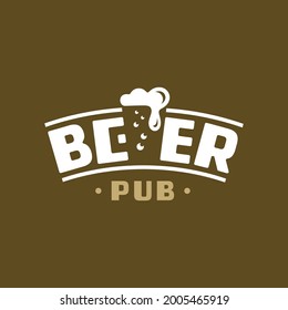 Beer pub logo. Logotype with negative space in the form of a mug with foam and bubbles. Sign for signboard, label, club. Simple minimalism style. White badge on dark brown background. Vector image.