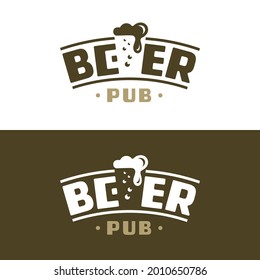 Beer pub logo. Logotype with negative space in the form of a mug with foam and bubbles on white and and dark brown background.  Sign for signboard, label, club. Simple minimalism style.  Vector image.
