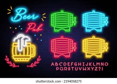 Beer pub logo with neon light glowing element. Pub logo and beer barrel icon set with light illustration