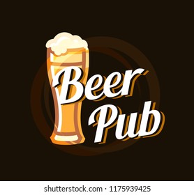 Beer Pub Logo on dark beautiful background. Vector Stylish Emblem for bar. A Cup of beer with text description.