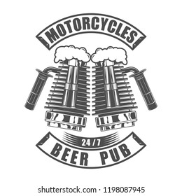 Beer pub logo vector illustration. Design beer bar emblem in vintage monochrome motorcycle style