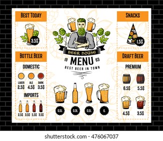 Beer pub menu with brewer emblem, hop decorations and drink icons.  Restaurant flyer vector template. Alcohol bar brochure.
