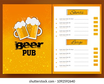 Diseño de carta de menú de pub de cerveza, plantilla de tarjeta de menú Bebidas.