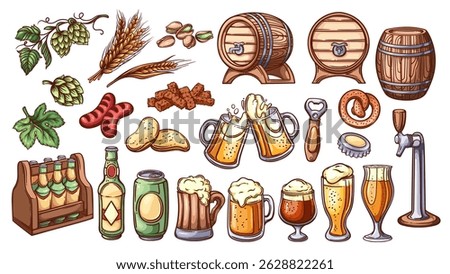 Beer pub menu and equipment line icons set. Outline hand drawn cheers toast, glass bottle and mug, wooden barrel and hop plant to brew craft beer. Oktoberfest mascot, color icons vector illustration
