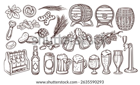 Beer pub menu and equipment line icons set. Outline hand drawn glass bottle and can, pint and froth. Oktoberfest, drunk bar party mascots, brewery and beer icons collection vector illustration