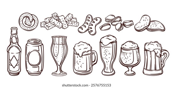 Beer pub menu line icons set. Outline hand drawn sketch of food and alcohol drink for drunken party, beer festival. Oktoberfest mascots, bottle and glass, mug and snacks icon vector illustration