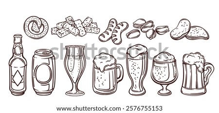 Beer pub menu line icons set. Outline hand drawn sketch of food and alcohol drink for drunken party, beer festival. Oktoberfest mascots, bottle and glass, mug and snacks icon vector illustration