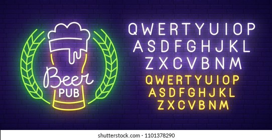 Beer pub  neon sign, bright signboard, light banner. Beer logo, emblem. Neon sign creator. Neon text edit