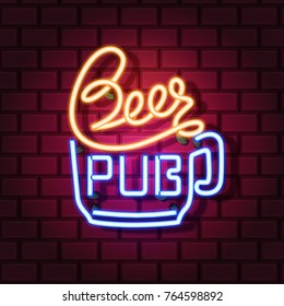 Beer pub neon sign. Neon sign, bright signboard, light banner. Vector icons