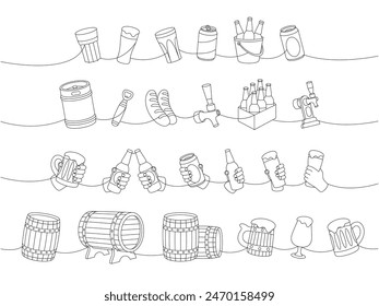 Beer pub one line continuous drawing. Barrels, cans, mugs, metal keg, bottle opener, sausages, tap, hop cone continuous one line illustration