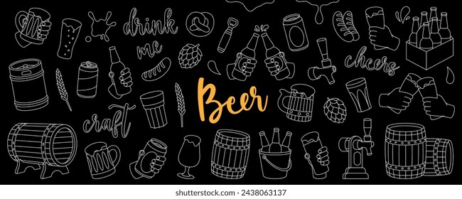 Conjunto de contorno de pub de cerveza. Barriles, latas, tazas, barril de metal, abrebotellas, salchichas, grifo, cono de lúpulo. Producción de fábrica de cerveza. Ilustración vectorial.